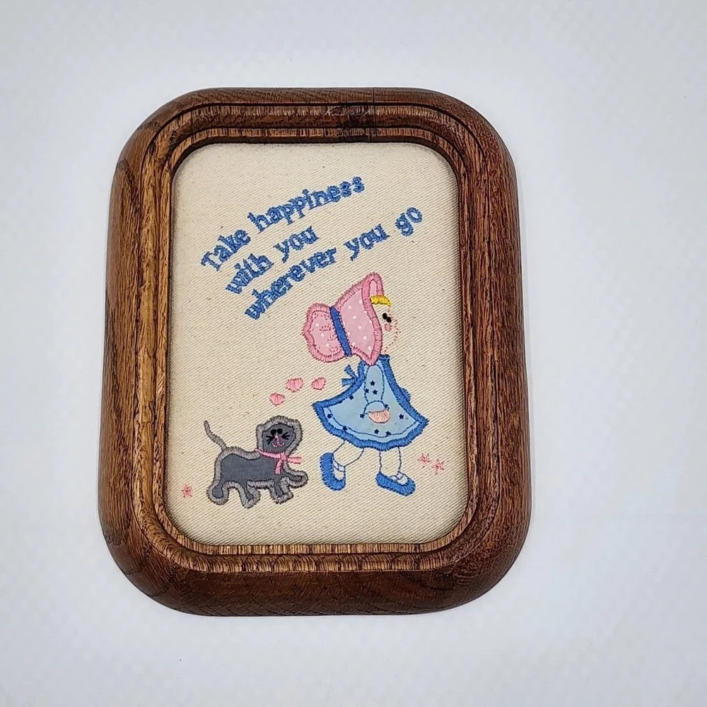Vintage Russ Take Happiness with You Wherever You Go Framed Embroidered Plaque